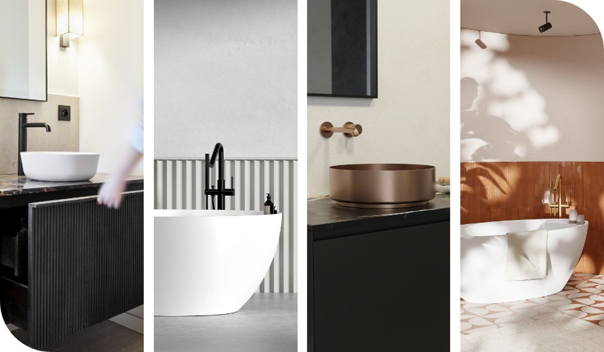 Vier verschiedene Badezimmer mit modernen Designs, die verschiedene Badewannen, Waschbecken und Wasserhähne zeigen."