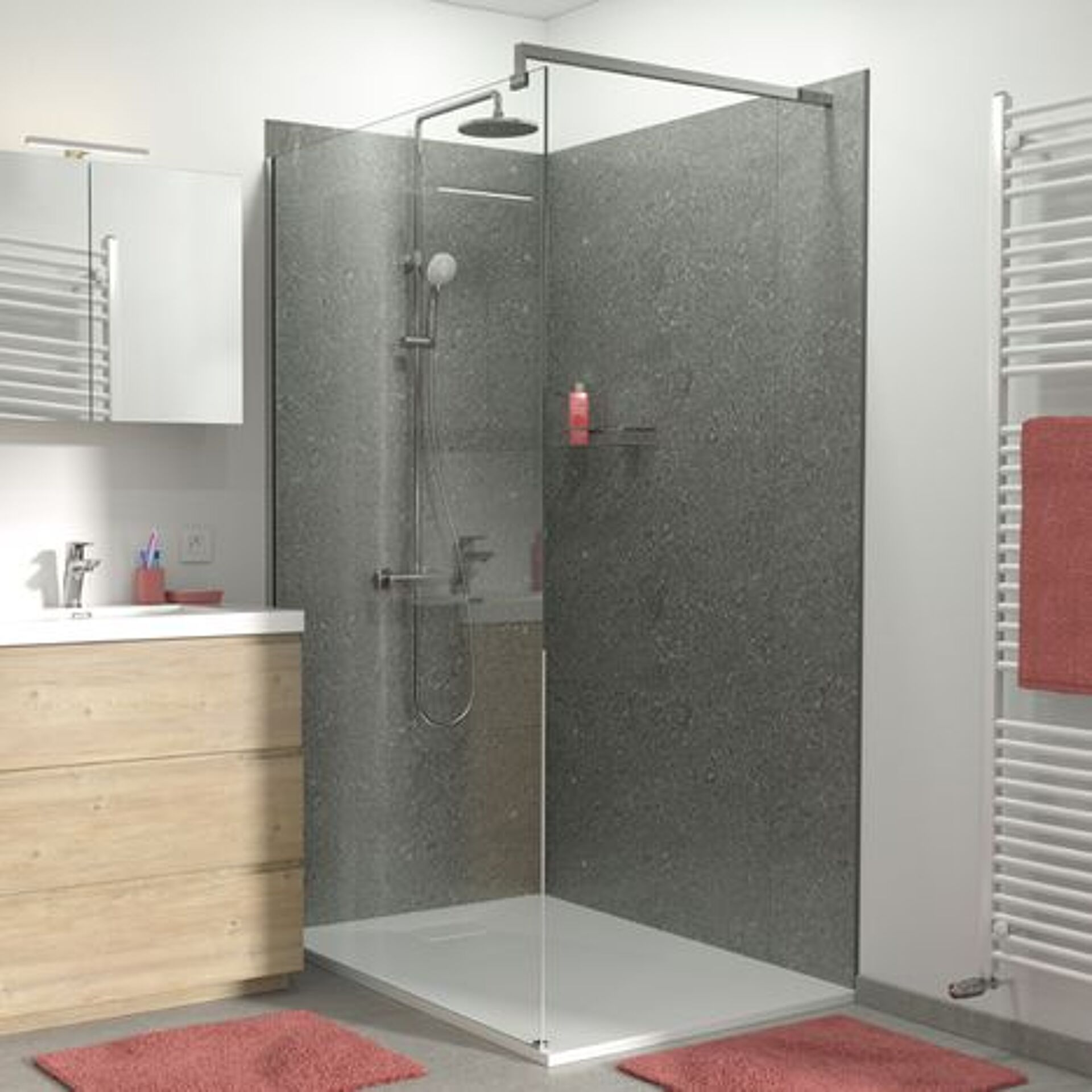 Moderne begehbare Dusche mit Glaswand, Regendusche, Waschbeckenmöbel und Teppichen