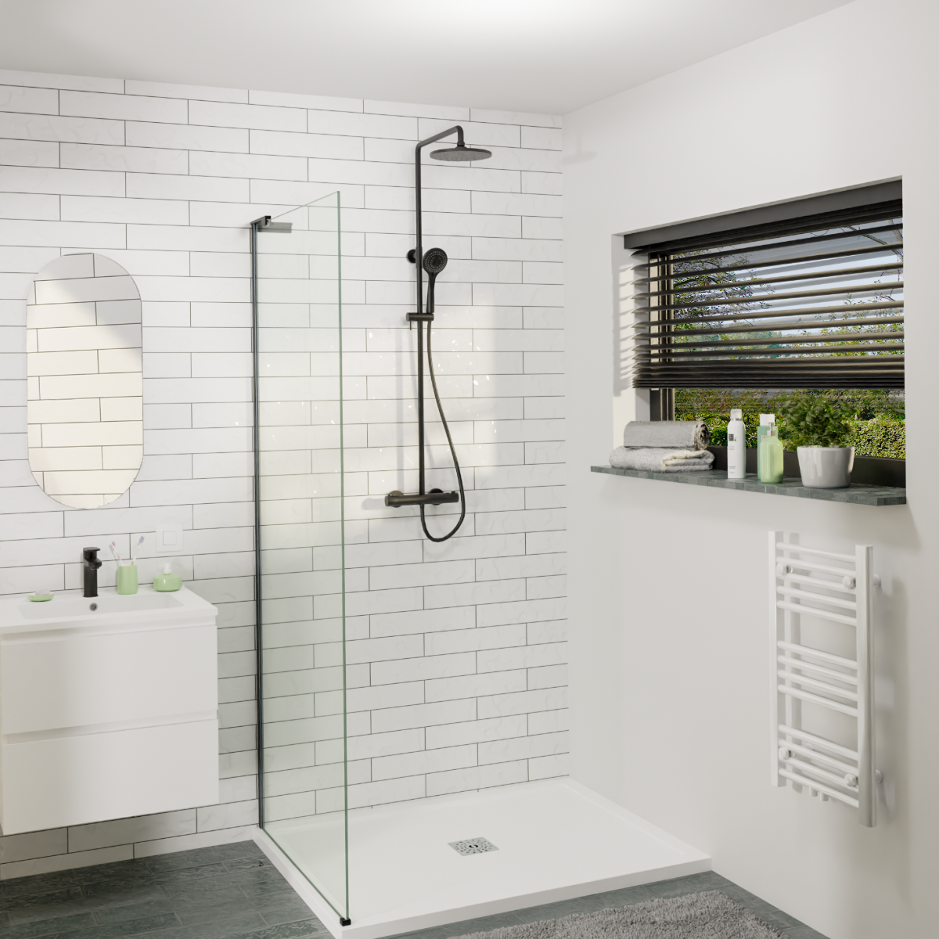 Modernes Badezimmer mit begehbarer Dusche, schwarzem Duschsystem, Waschbeckenmöbel und Fensterbank mit Pflegeprodukten