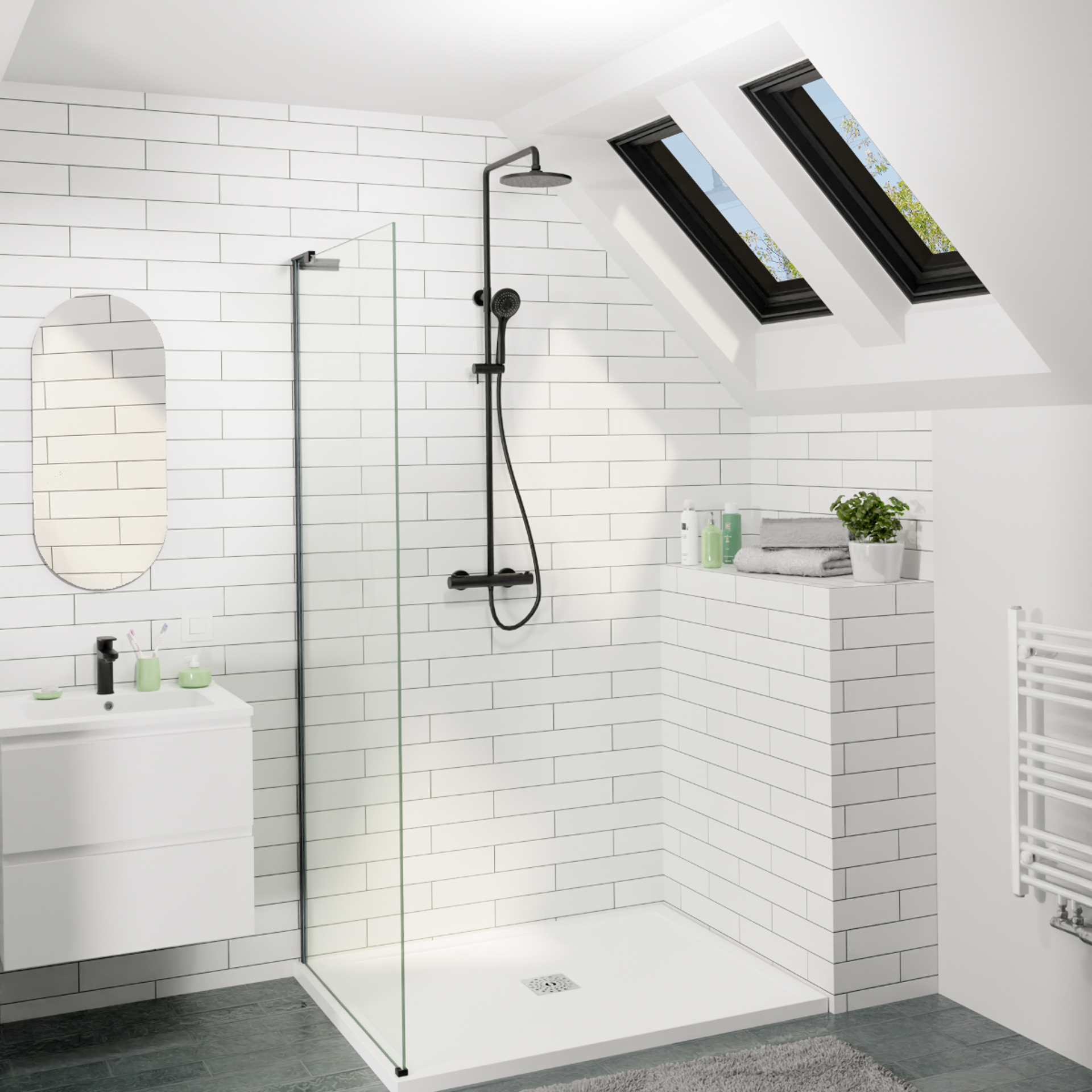 Modernes Badezimmer mit begehbarer Dusche, schwarzem Duschsystem, Waschbeckenmöbel und Regal mit Pflegeprodukten