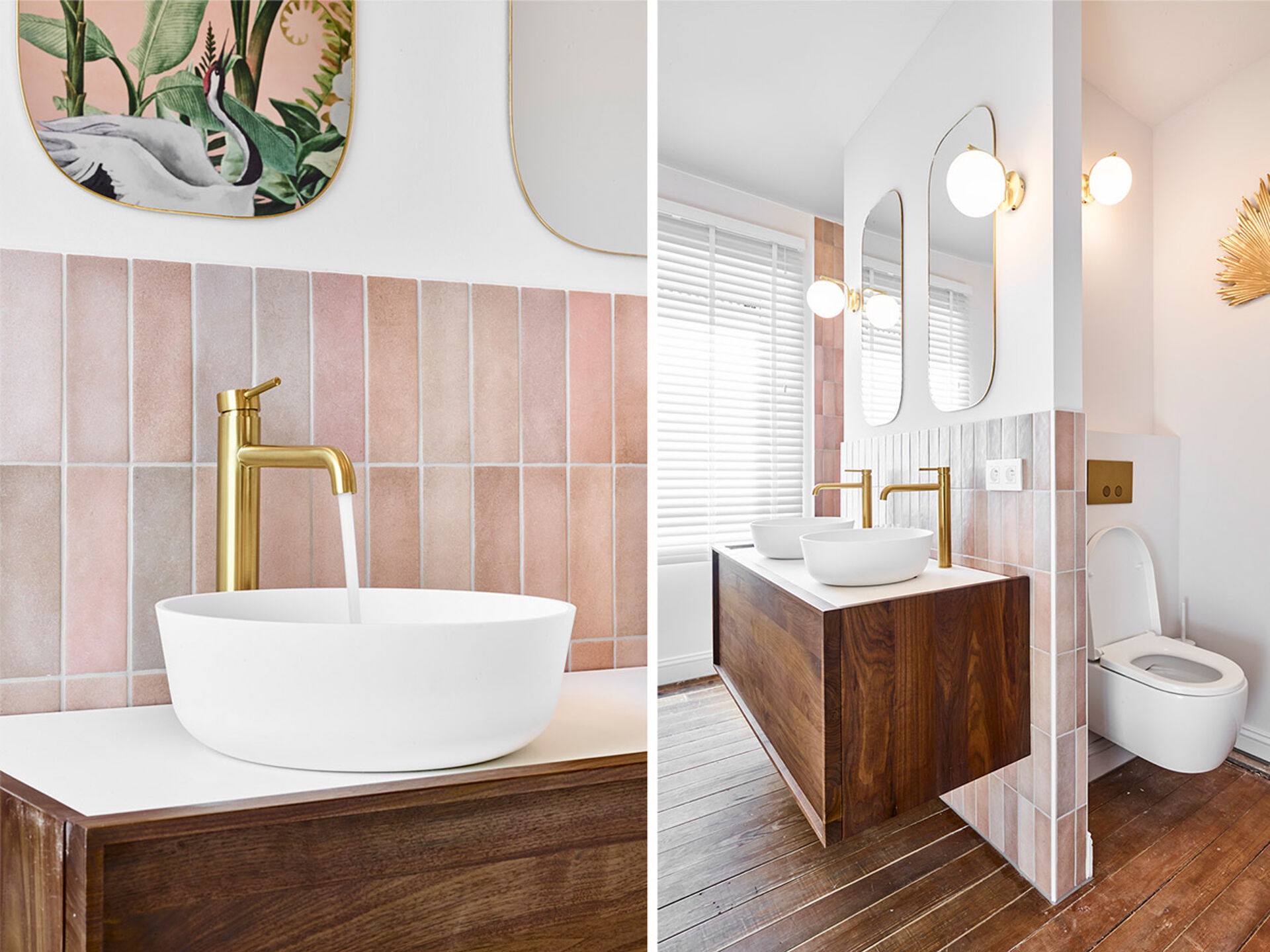 Badezimmer mit zwei weißen Waschbecken, goldenen Wasserhähnen, Holzschrank und separatem WC