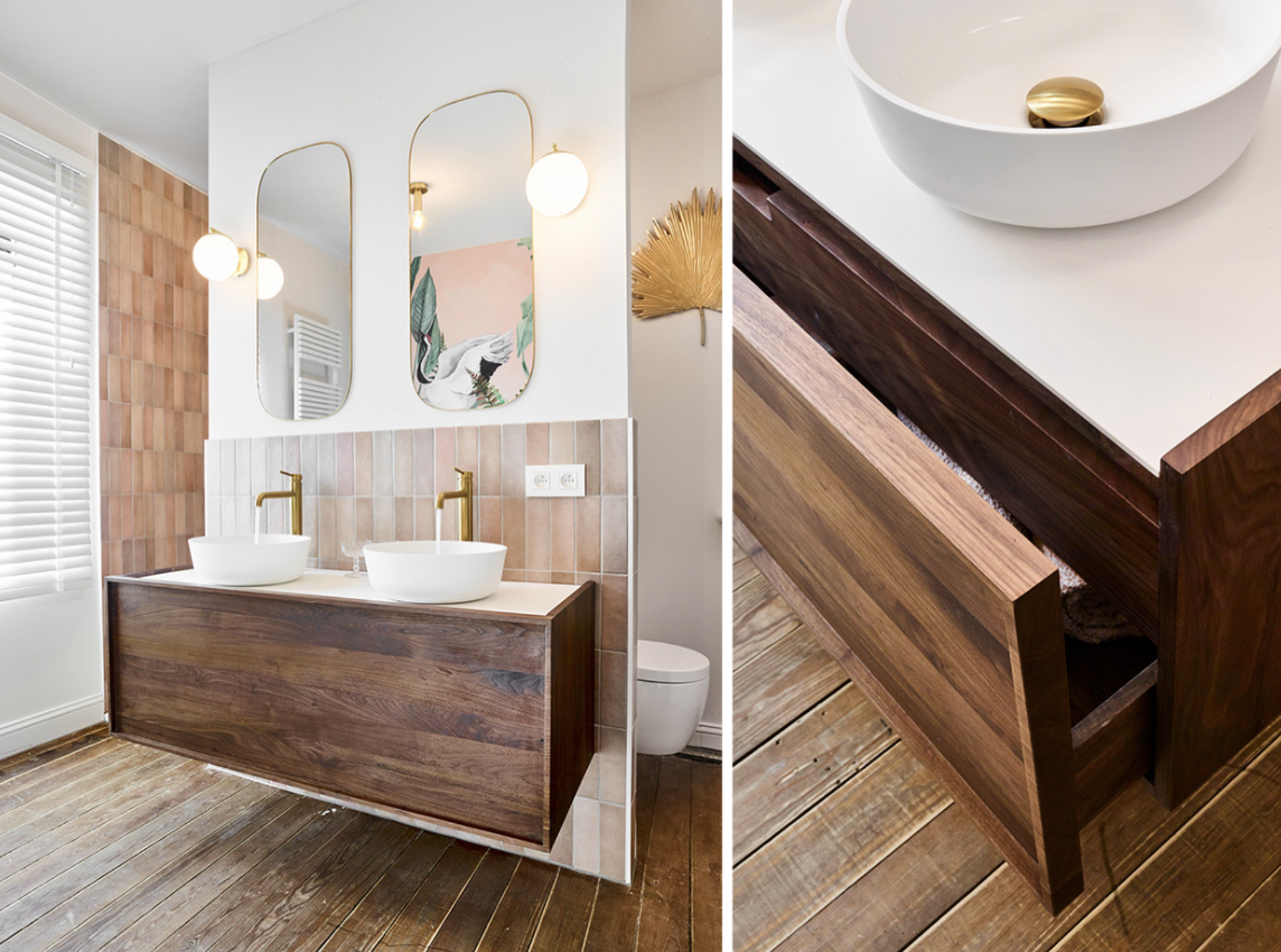 Doppelwaschbecken mit Holzschrank und eleganten Spiegeln im Badezimmer.