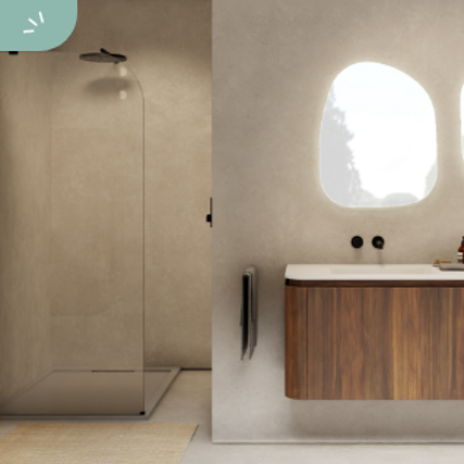 Moderne Badezimmer mit begehbarer Dusche und Holz-Waschbeckenmöbel