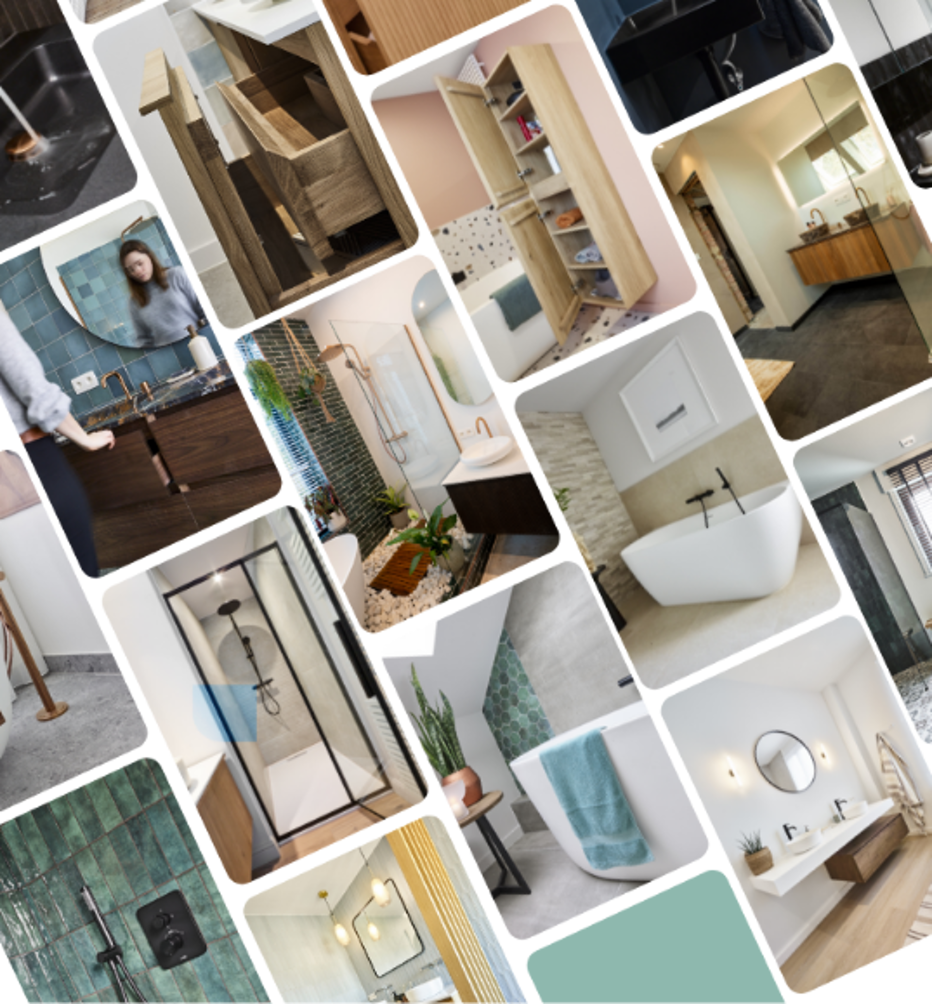Collage de divers designs de salle de bain avec baignoires, lavabos, douches et meubles.