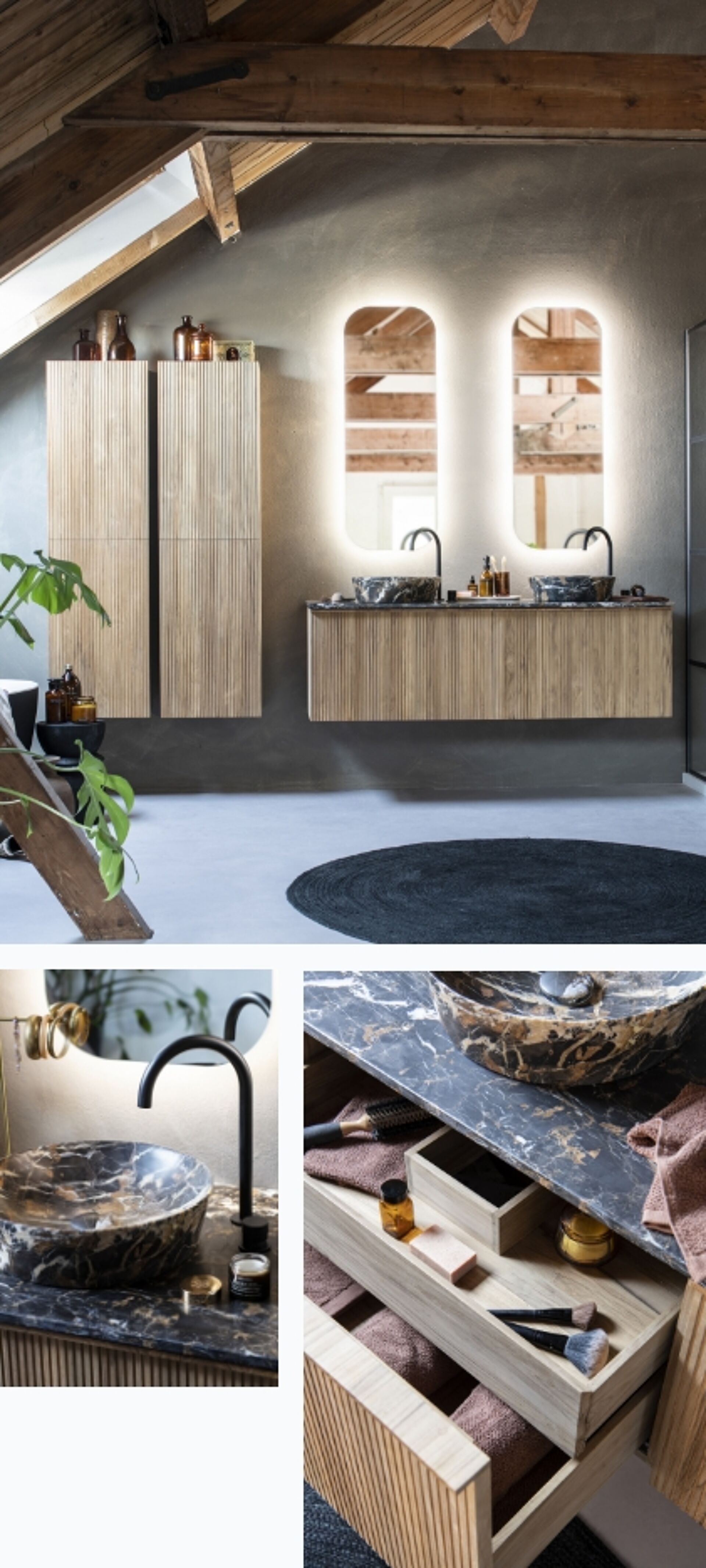 Salle de bain de luxe avec des lavabos en marbre, des meubles en bois et un espace de rangement fonctionnel dans les tiroirs.