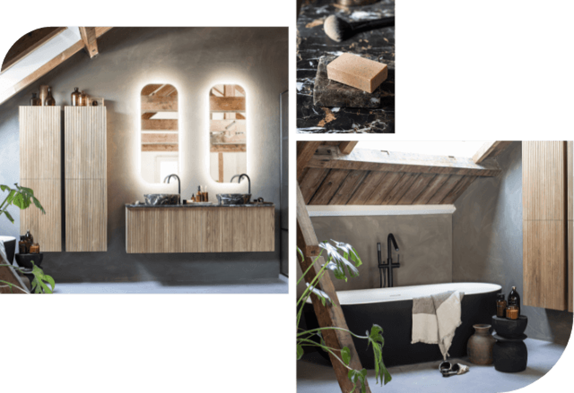Conception moderne de salle de bain avec des lavabos en marbre, des armoires en bois et une baignoire indépendante élégante.