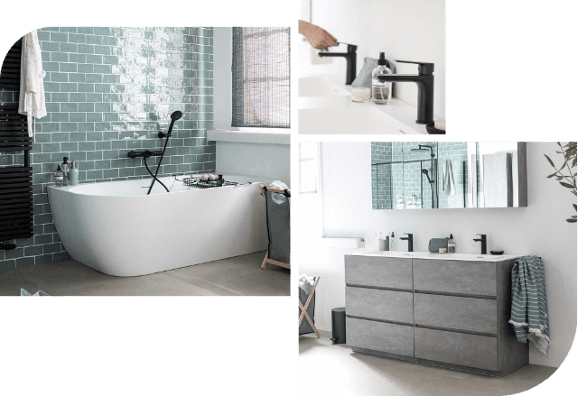 Badezimmer mit freistehender Badewanne, Betonmöbel, schwarzen Armaturen und grünen Wandfliesen.