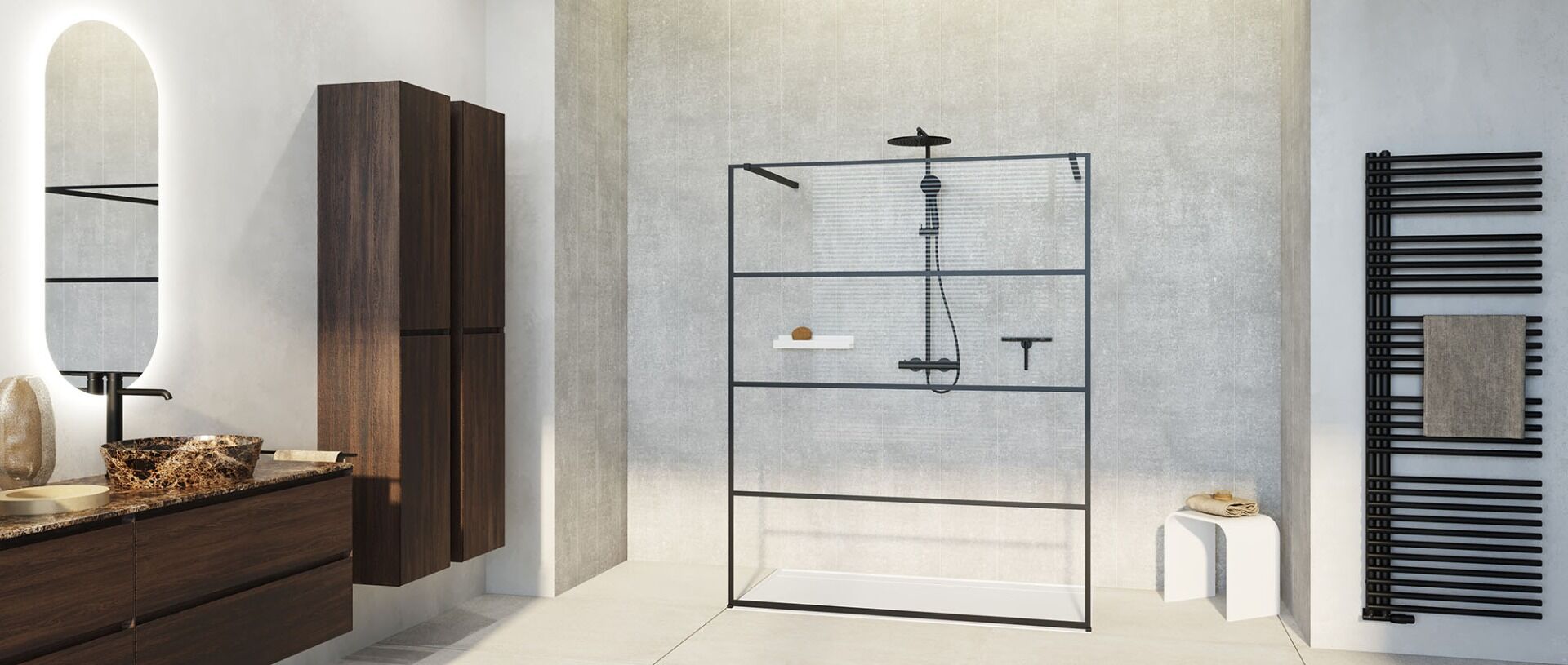 Ein modernes Badezimmer mit einer schwarzen Duschkabine, einem Handtuchheizkörper und einem Holzschrank.