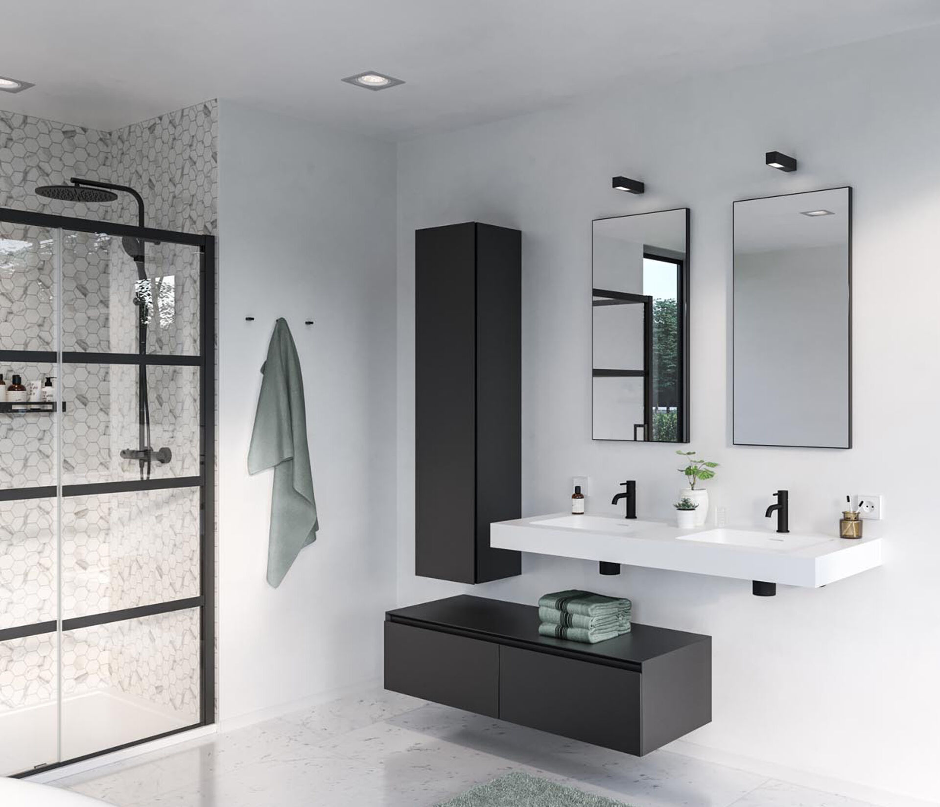 Ein modernes Badezimmer mit Doppelwaschbecken, schwarzen Armaturen und einer Glassduschtür.