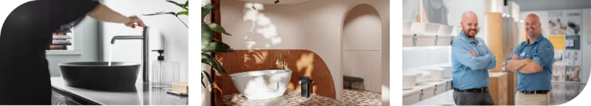 Nahaufnahme eines eleganten schwarzen Waschbeckenhahns, einer modernen Badewanne und einem Team von Badezimmerdesign-Experten.