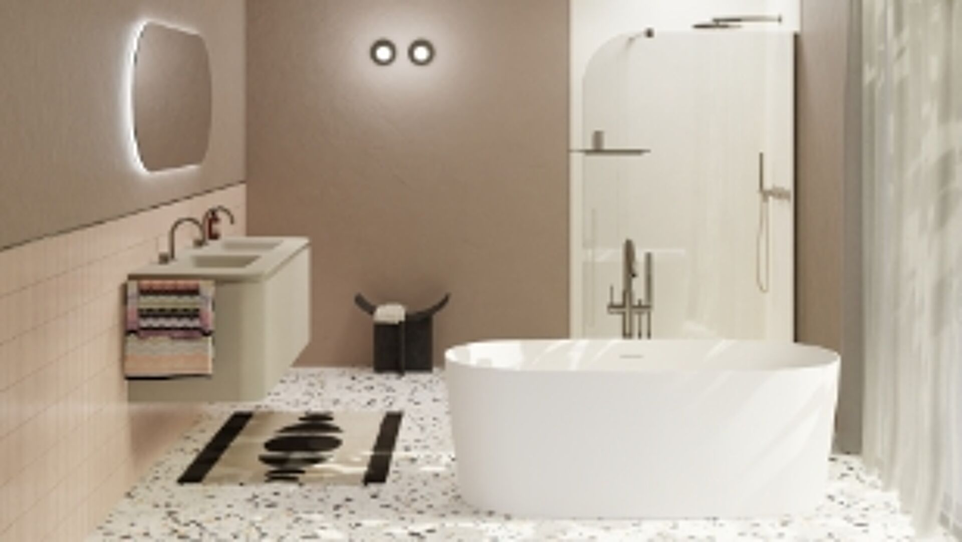 Badezimmer mit freistehender Badewanne, begehbarer Dusche, Terrazzo-Boden und modernen Armaturen.