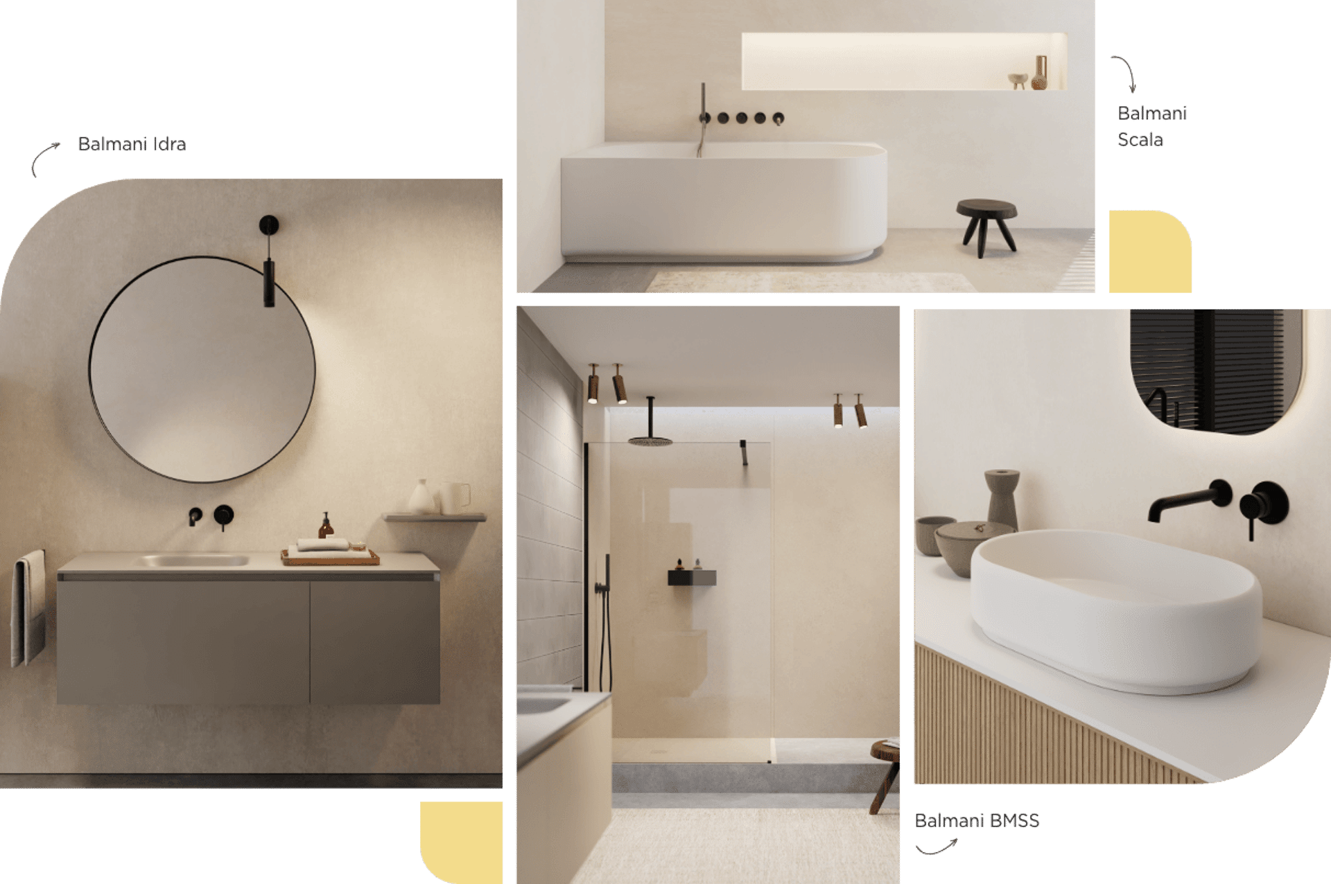 Luxuriöses Badezimmer mit modernem Waschbeckenmöbel, rundem Spiegel, Dusche und freistehender Badewanne.