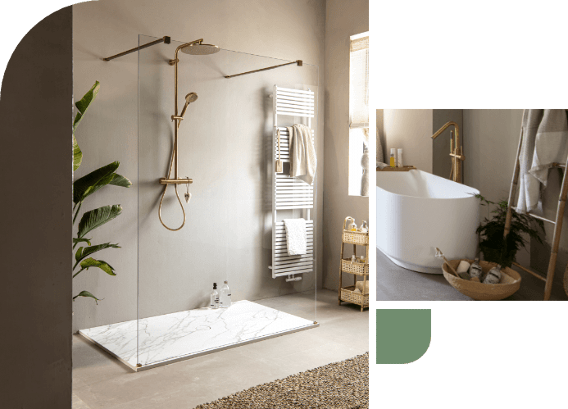 Badezimmer mit Glas-Duschwand, goldener Duschkopf, Handtuchhalter und freistehender Badewanne.
