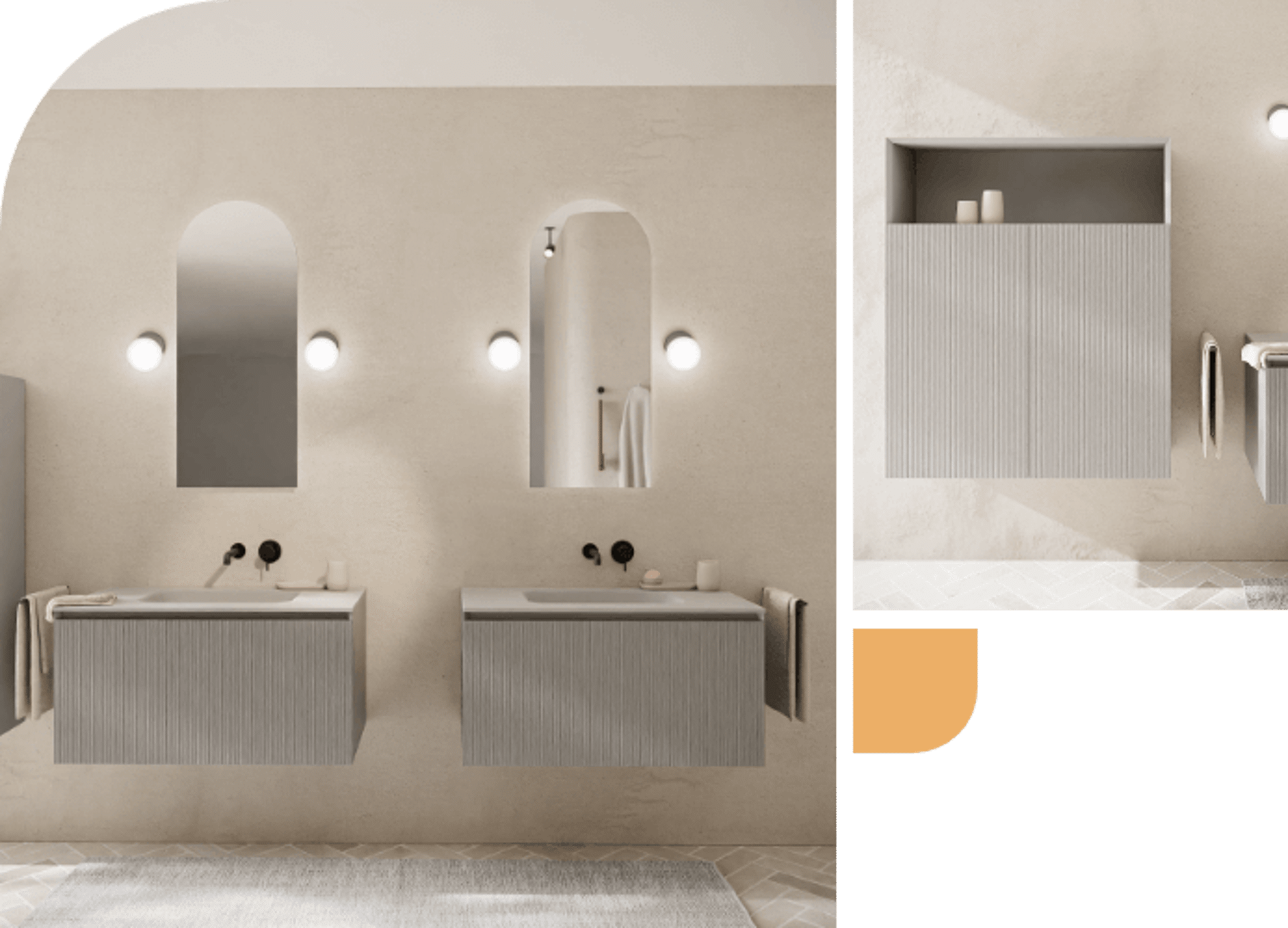 Zwei Wandmöbel mit Waschbecken, runden Spiegeln und Wandlampen in einem modernen Badezimmer