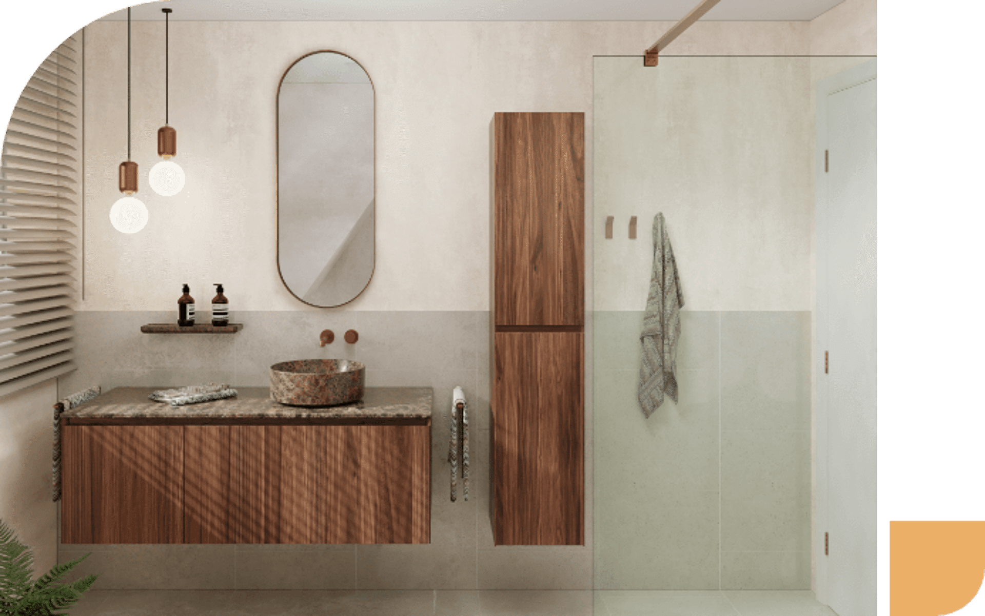 Modernes Badezimmer mit Holzschrank, Marmorwaschbecken und Glassdusche.