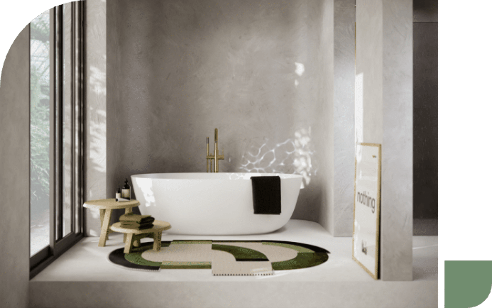 Luxuriöses Badezimmer mit freistehender Badewanne, Holzschemel und modernen Accessoires.
