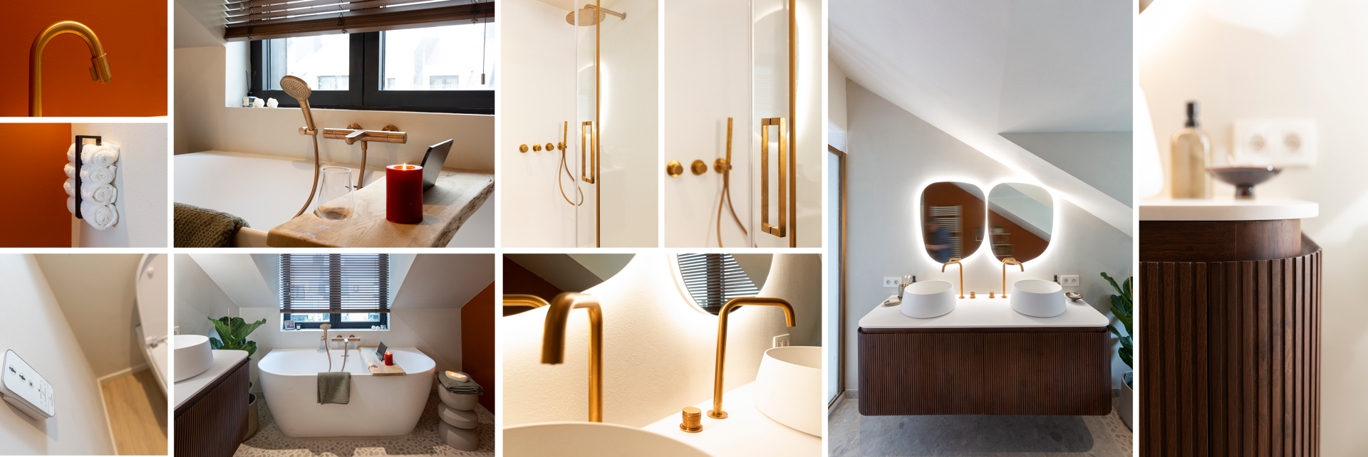 Collage van een x²o badkamers interieur met details van een vrijstaand bad, wastafel met verlichting, gouden kranen, oranje wand en douchegedeelte.