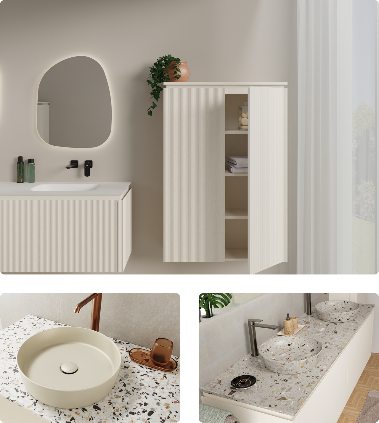 Samenstelling van verschillende x²o badkamers interieurs in warme neutrale tinten. Linkerbeeld toont een licht geribbeld meubel met spiegel en zwarte kraan, gevolgd door close-ups van een beige opzetwaskom, een lichtgrijs toilet en twee terrazzo waskommen op een wit meubel. Perfecte harmonie van rust en stijl.