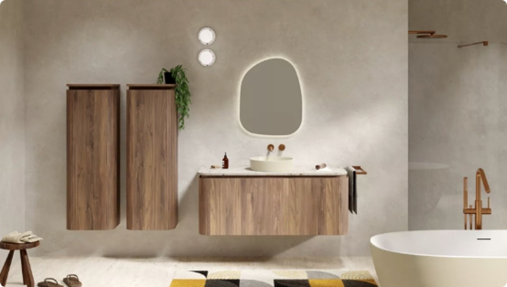 Meuble de salle de bain en bois avec miroir organique et vasque dans un style naturel et chaleureux